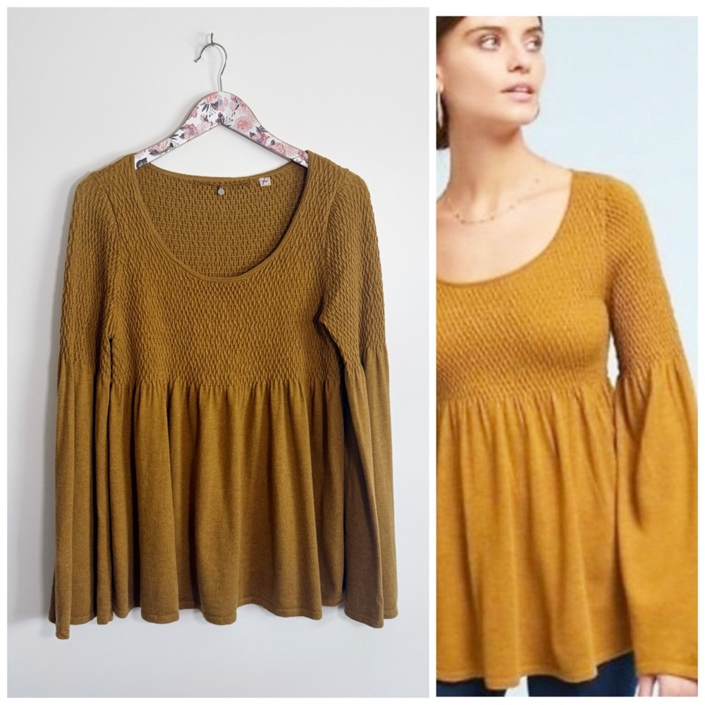Anthropologie KNITTED & KNOTTED Esme Bell Sleeve Smocked Mustard Sweater Medium